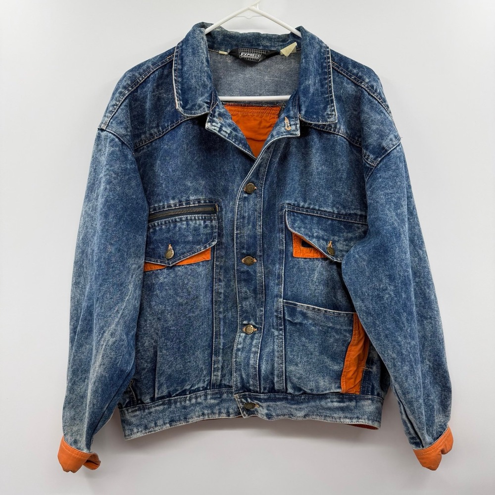 Vintage 90s Expressions Acid Wash Denim Bomber Jacket Orange Lining trucker